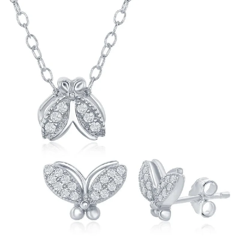 Women's fingerprint earrings-Sterling Silver Small CZ Moth Necklace and Earrings Set