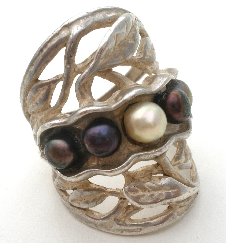 Women's leather rings-Wide Sterling Silver Pearl Ring Israel Size 8