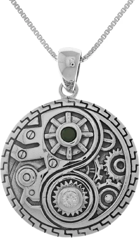 Women's geometric necklaces-Jewelry Trends Sterling Silver and CZ Steampunk Yin Yang Pendant on 18 Inch Box Chain Necklace