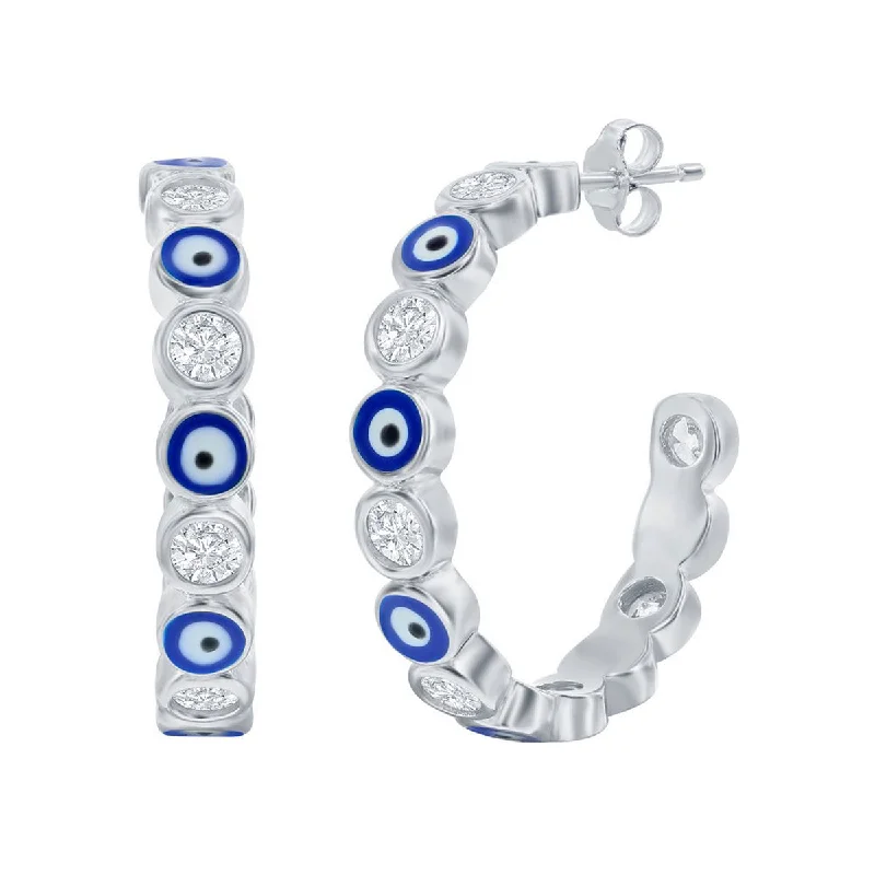 Women's statement earrings-Classic Women's Earrings - Alternating CZ and Navy Blue Enamel Evil Eye Hoop | D-8352