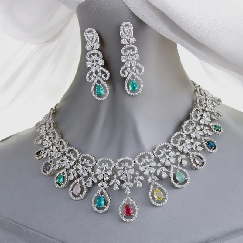 Women's diamond earrings-Luxurious Bridal AD Choker Earrings Indian Necklace Set, CZ Necklace Set, Blue Stones Set,  Indian CZ Jewelry Set for Weddings, Premium CZ Bridal Jewelry