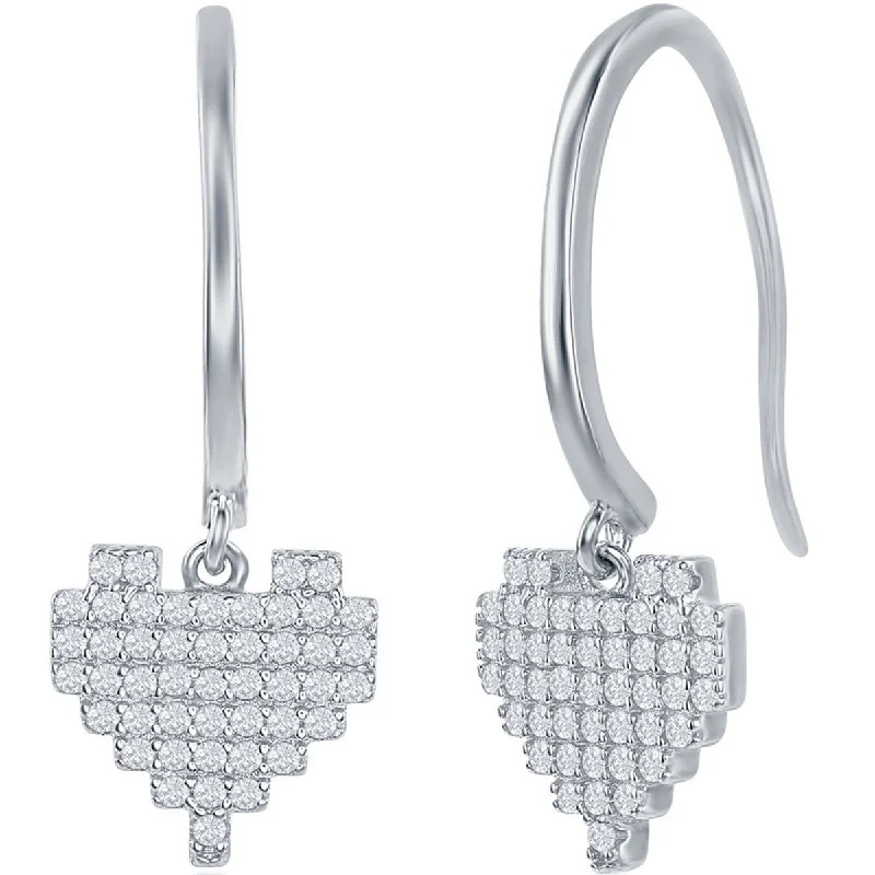 Women's photo earrings-Classic Women's Earrings - Sterling Silver White CZ Pixel Heart Leverback | D-7851