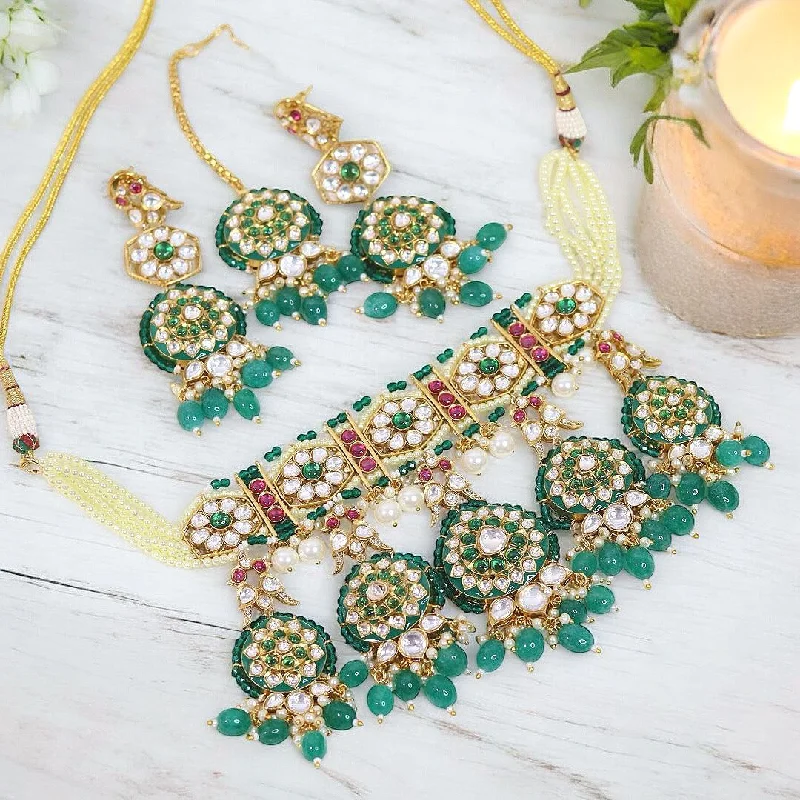 Women's crystal earrings-Indian Wedding Polki Necklace Earrings Maangtika Set, Wedding Polki Necklace Set, Indian  Polki Jewelry, Polki Jewellery Set, Pakistani Polki Necklace Set, Bollywood Polki Jewelry, Celebrity Polki Jewellery