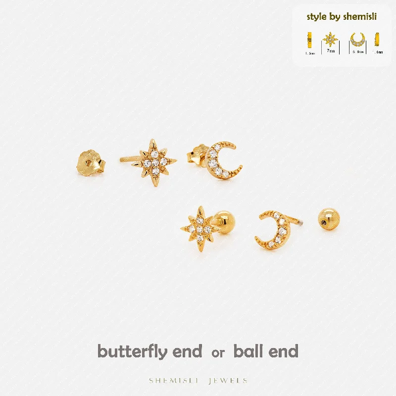 Women's chandelier earrings-Moon and Star Earrings, Mismatched Celestial Studs, Unisex, Gold, Silver SS035+SS036 Butterfly End, SS351+SS352 Screw Ball End (Type A)