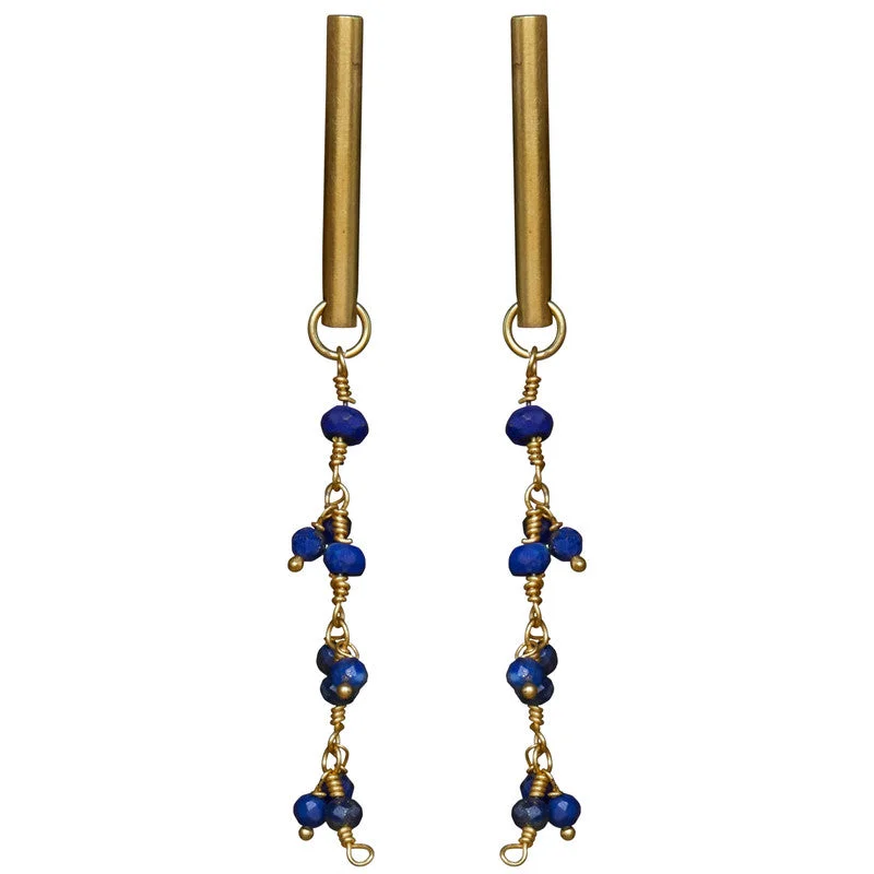 Women's symbolic rings-Vail Earring w/ Dangling Chain, Lapis Lazuli