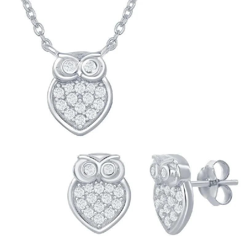 Designer women's earrings-Sterling Silver Small Micro Pave Owl Necklace and Earrings Set