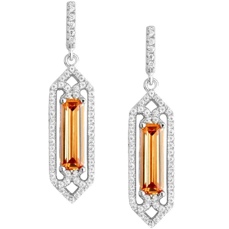 Women's vintage-inspired earrings-Classic Women's Earrings - Center Rectangle Orange and White CZ Border | D-5459