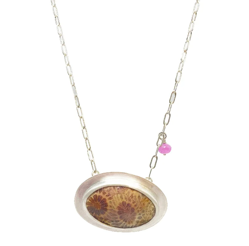 Women's gold necklaces-NEW! Coral Fossil with Pink Sapphire Necklace by Rina Young