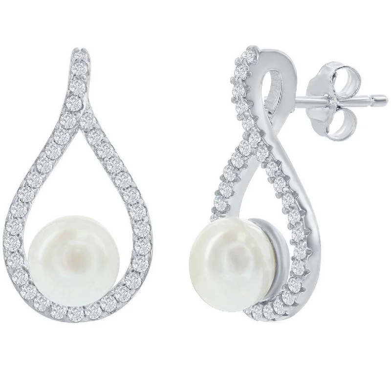 Women's elegant earrings-Classic Women's Earrings - Sterling Silver Pearshaped CZ with Round Pearl | D-7322