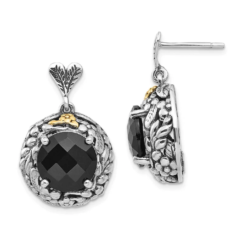 Women's Buddha earrings-Sterling Silver w/14k Onyx Post Dangle Earrings