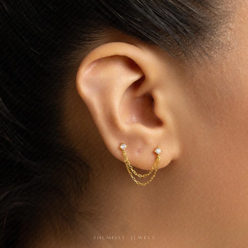 Women's celestial earrings-Chain Studs for Double Piercing, Two Piercings Jewelry, Unisex, Gold, Silver SHEMISLI SS1333