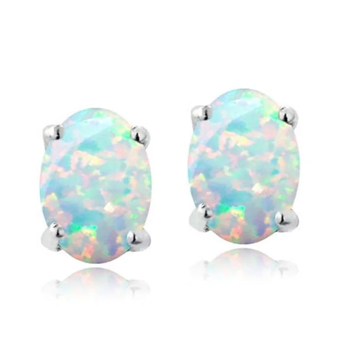 Women's threader earrings-White Ethiopian Opal Oval Cut Sterling Silver Studs