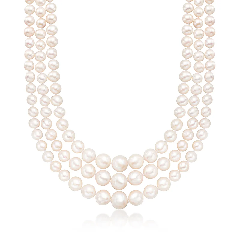 Women's silver necklaces-Ross-Simons 6-12.5mm Cultured Pearl 3-Strand Necklace With 14kt Yellow Gold