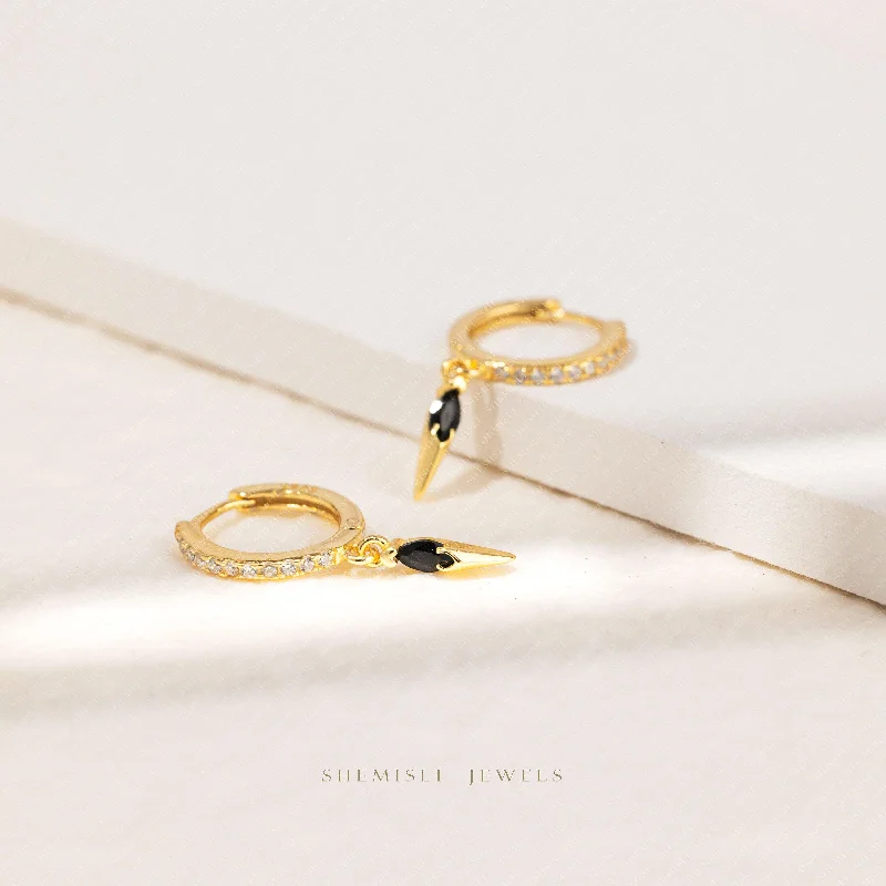 Affordable women's earrings-Spike Balck CZ Hoop Earrings, Gold, Silver SHEMISLI SH375