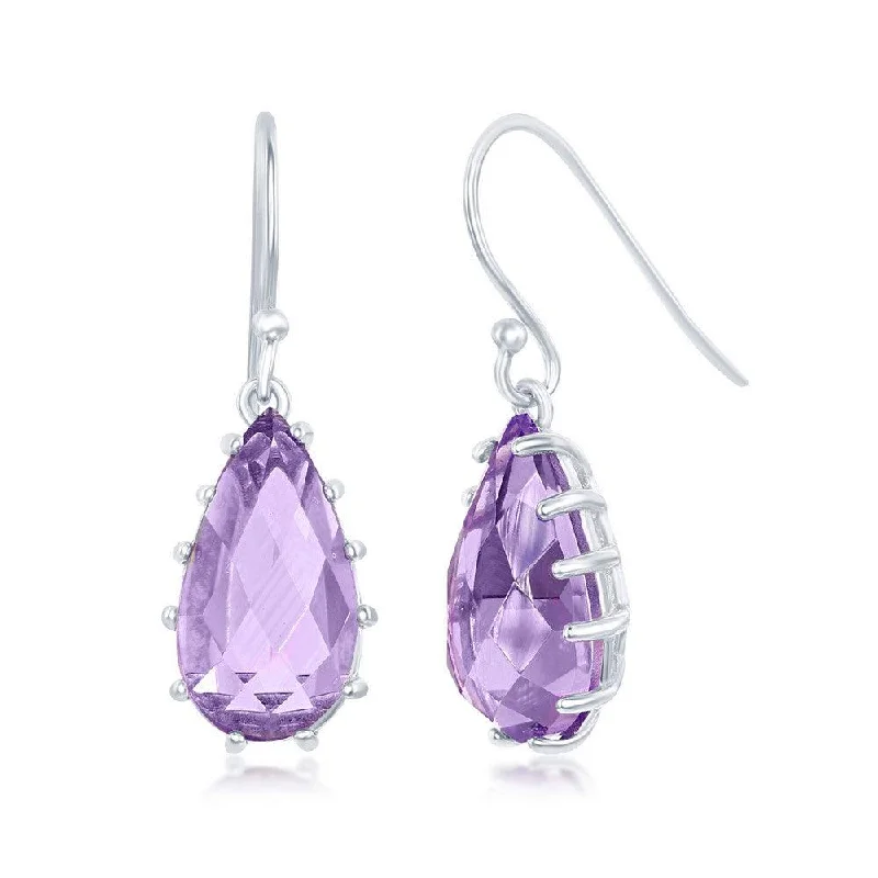 Women's custom engraving earrings-Sterling Silver Prong Pear-Shaped 6.16cttw Amethyst Dangle Earrings