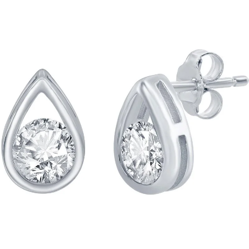 Women's sun earrings-Classic Women's Earrings - Silver Pearshaped with Round White Topaz Stud | D-8162