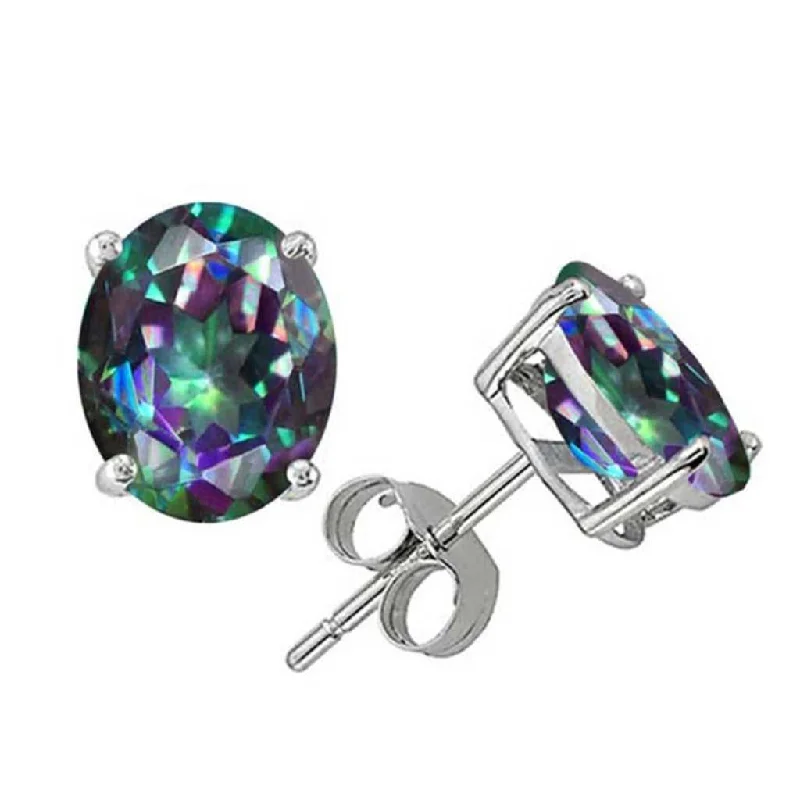 Women's crystal earrings-Genuine Rainbow Topaz Oval Cut Sterling Silver Studs