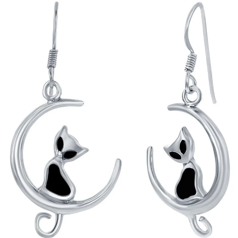 Women's nickel-free earrings-Classic Women's Earrings - Sterling Silver Created Black Onyx Cat on Moon | D-8031