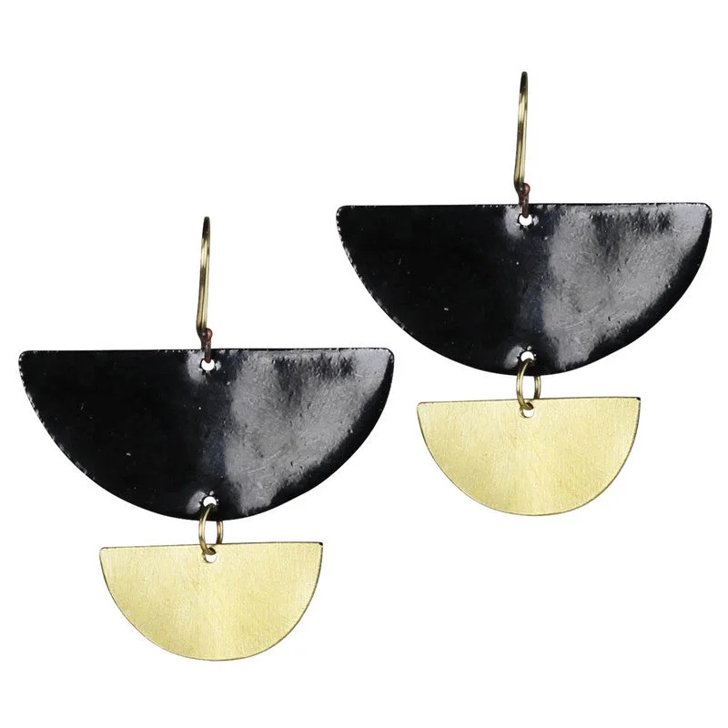 Women's Valentine's Day rings-Donte Earring, Two Semi Circles Black Enamel & Brass