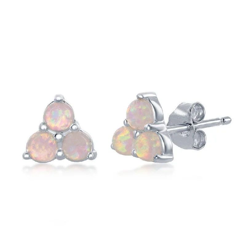 Women's fashion earrings-Sterling Silver Triple White Opal Cluster Stud Earrings