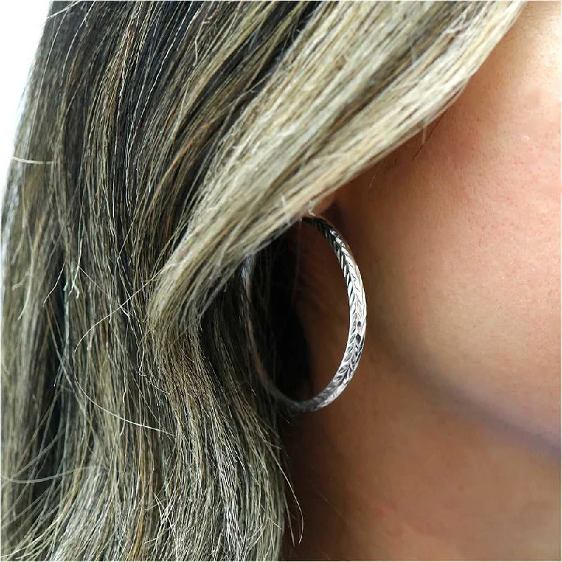 Women's elegant earrings-Sterling Silver Etched Diamond Cut Bangle Hoops