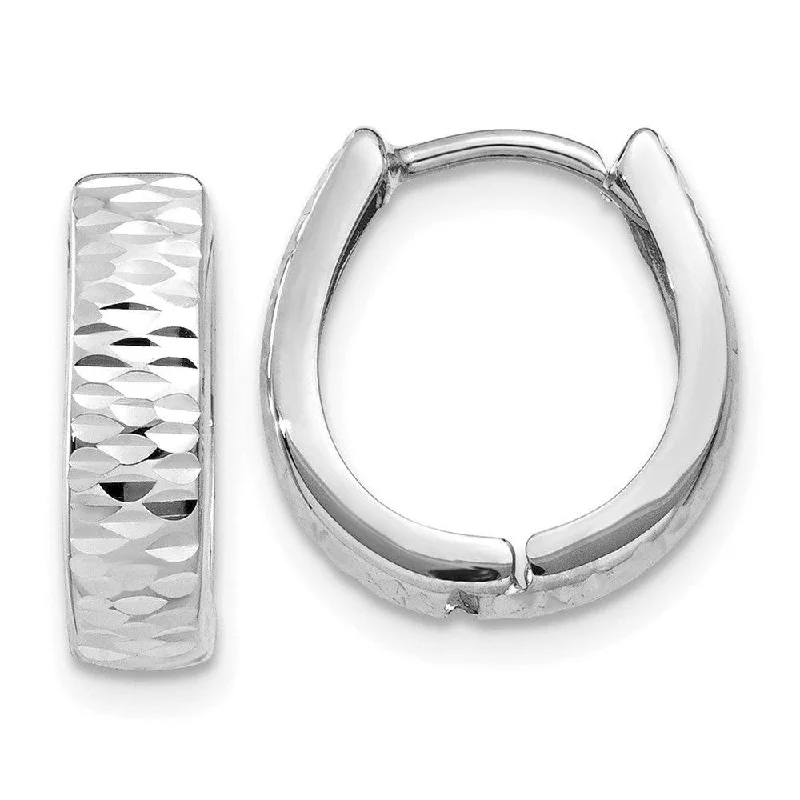 Women's gold earrings-14K White Gold Textured and Polished Hinged Hoop Earrings