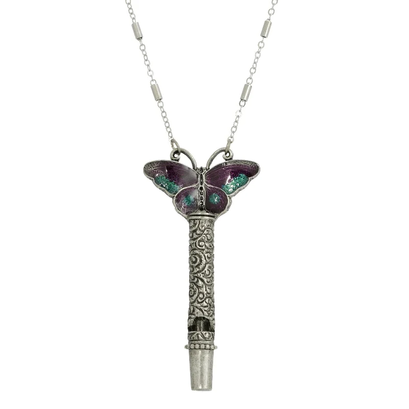 Women's jade necklaces-1928 Jewelry® Pewter Whistle With Purple & Green Enamel Butterfly Necklace 30"