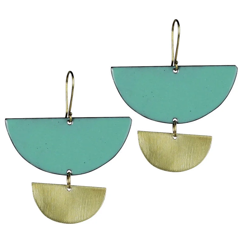 Women's Buddha rings-Donte Earring, Two Semi Circles Aqua Enamel & Brass