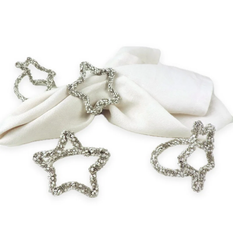 Women's elegant rings-Christmas Star Napkin Ring in Cream & Silver, Set of 4