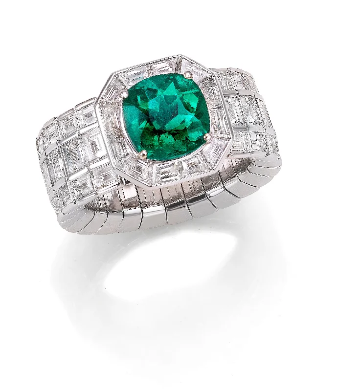 Women's platinum rings-Xpandable Emerald Ring