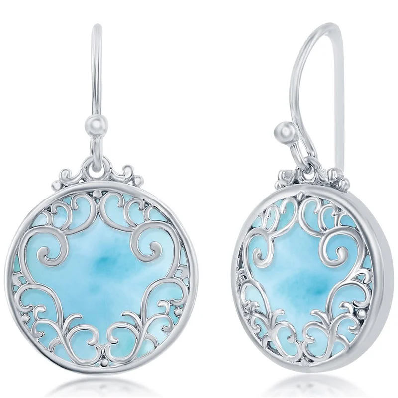 Women's gift earrings-Caribbean Treasures Women's Earrings - Silver Round Larimar Filigree Design | D-7873