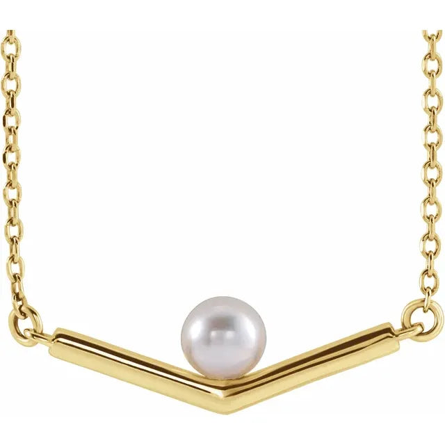 Women's eco-friendly necklaces-14K Yellow Gold Cultured V Shape Pendant with White Akoya Pearl , comes with 18" Necklace