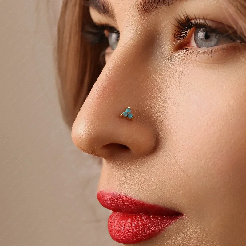 Women's star earrings-Tiny 3-Petal Turquoise Flower Threadless Flat Back Nose Stud, 20,18,16ga, 5-10mm, Unisex, Surgical Steel, SHEMISLI SS570