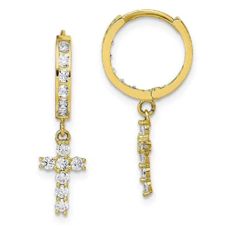 Women's alloy earrings-10K CZ Cross Hinged Hoop Earrings