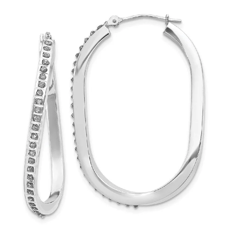 Women's sapphire earrings-14k White Gold Diamond Fascination Oval Twist Hinged Hoop Earrings