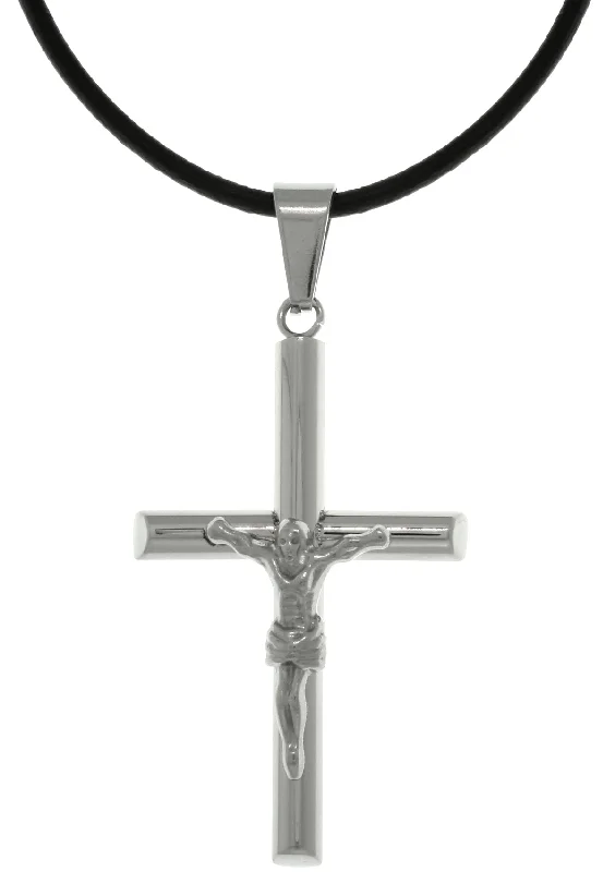 Women's moon phase necklaces-Jewelry Trends Stainless Steel Jesus on Cross Crucifix Pendant on Black Leather Necklace