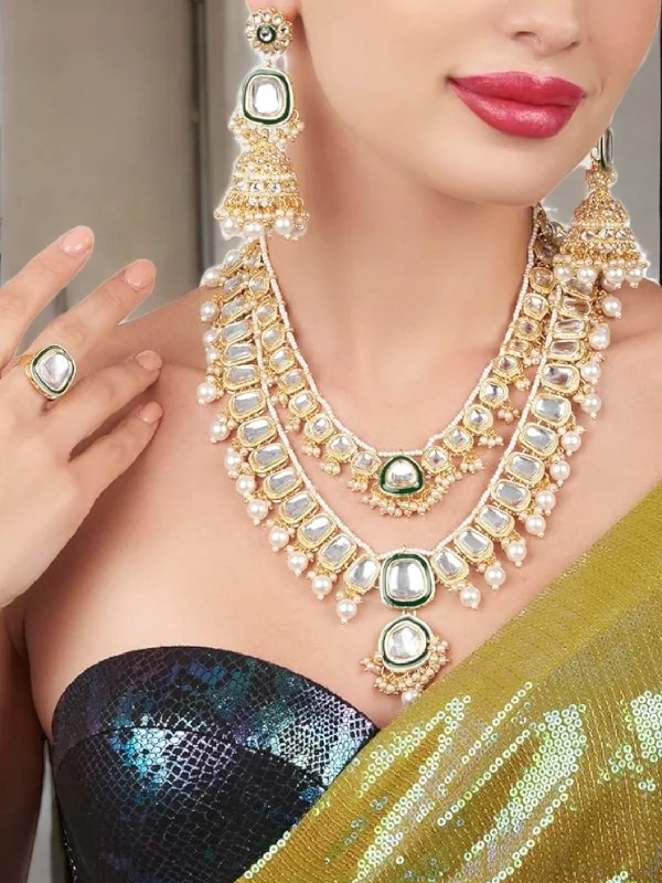 Women's everyday earrings-Layered Kundan Pearl Bridal Necklace earrings Mangtika Ring Set, Pakistani Pearl jewelry, Kundan Necklace Set, Earrings Kundan, Weddings Kundan Jewelry Set