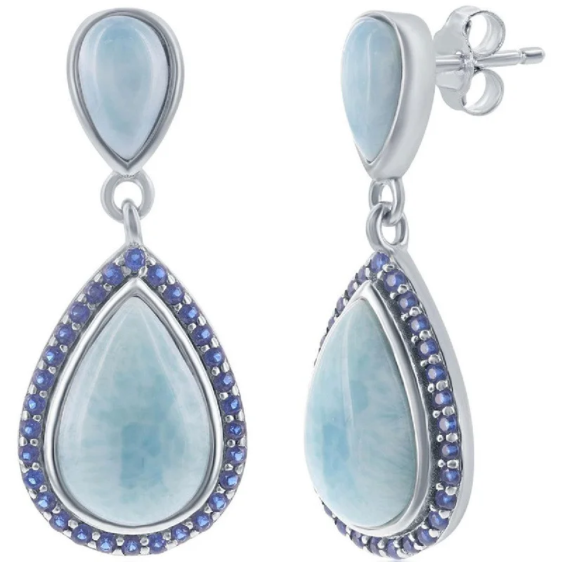 Women's Christmas earrings-Caribbean Treasures Women's Earrings - Double Pearshaped Blue Larimar and CZ | D-7740