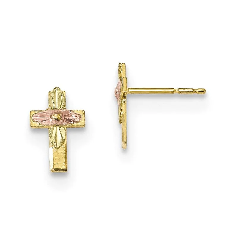 Women's Mother's Day earrings-10k Tri-Color Black Hills Gold Cross Earrings