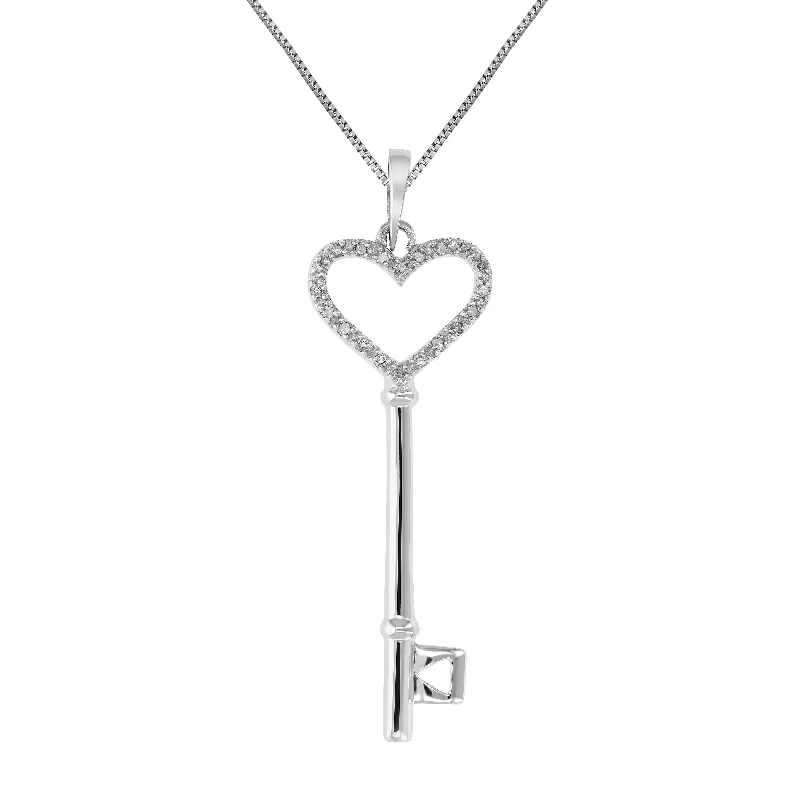 Women's spiritual necklaces-1/8 cttw Diamond Heart and Key Pendant Necklace .925 Sterling Silver with Chain