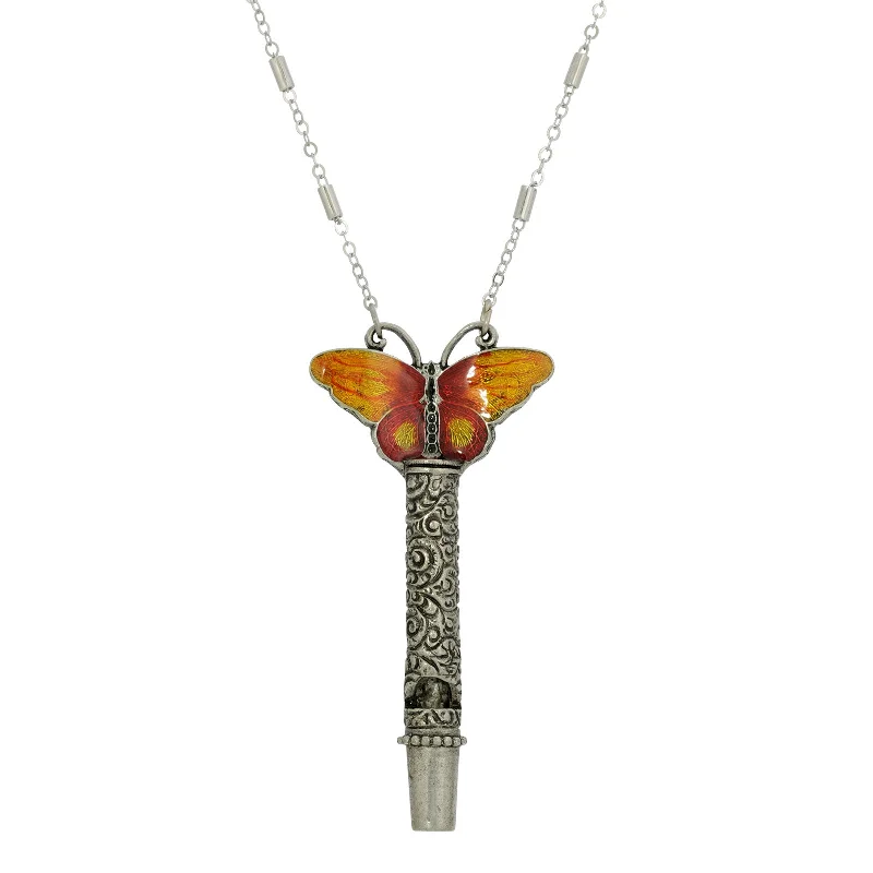 Women's initial necklaces-1928 Jewelry® Pewter Whistle With Orange & Yellow Enamel Butterfly Necklace 30"