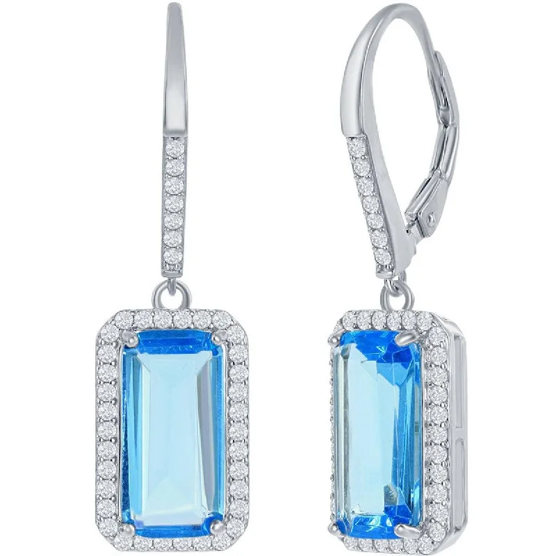 Women's alloy earrings-Classic Women's Earrings - Sterling Silver Emerald Cut Aqua CZ with Halo | D-7902