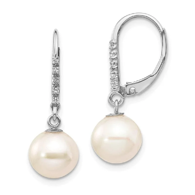 Women's clip-on earrings-14k White Gold 8-9mm Round FWC Pearl .05ct Diamond Leverback Earrings