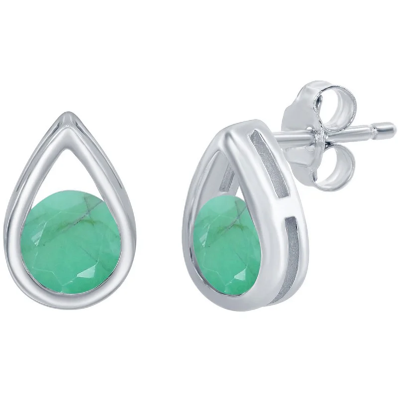 Women's moon phase earrings-Classic Women's Earrings - Silver Pearshaped with Round Emerald Gemstone Stud | D-8163