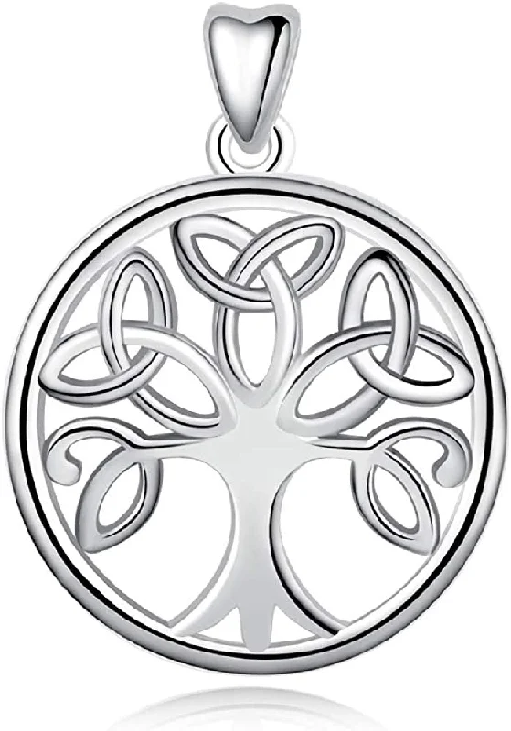 Women's religious necklaces-Jewelry Trends Trinity Knot Celtic Tree of Life Sterling Silver Round Pendant Necklace 18"