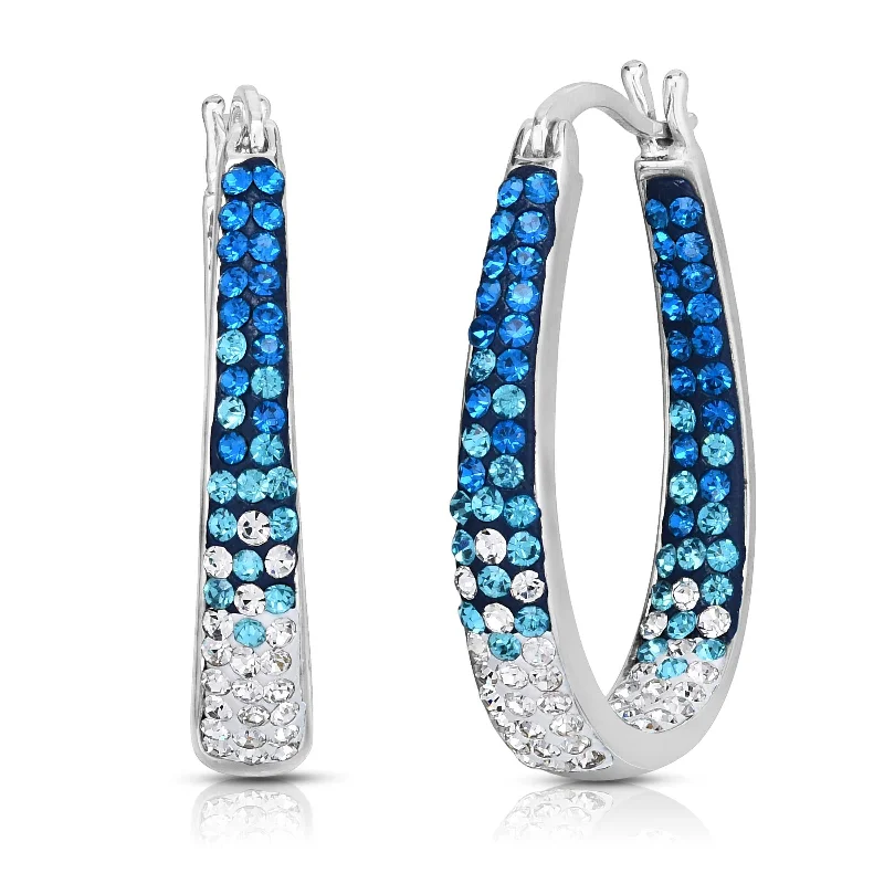 Trendy women's earrings-18kt White Gold Plated Graduated Montana Blue Crystal Hoop Earring