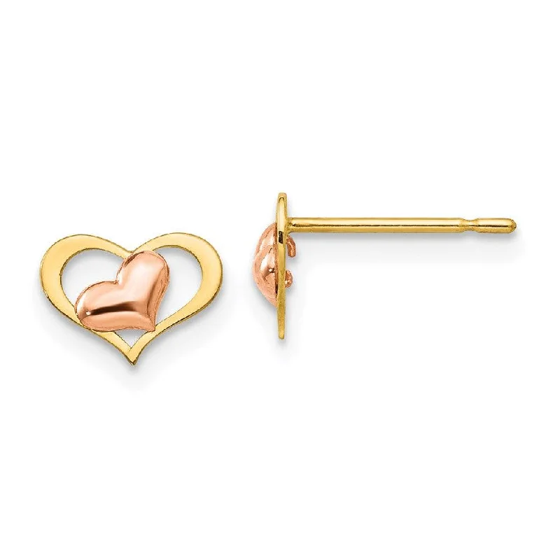 Women's silver-plated earrings-Madi K Kid's 14k Yellow & Rose Gold   Heart Post Earrings