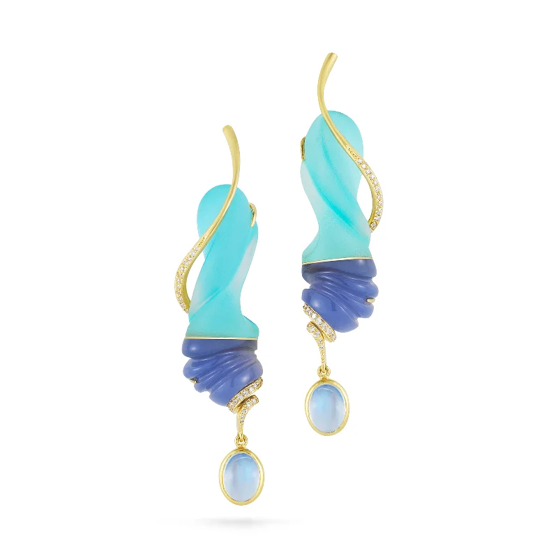 Affordable women's rings-Carved Blue Chalcedony, Turquoise, Rock Crystal, Moonstone and Diamond Earring