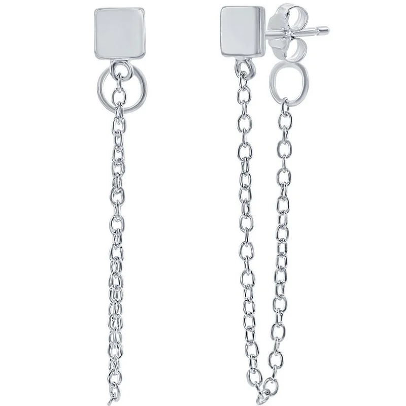 Women's silver earrings-Classic Women's Earrings - Square Stud with Looping Chain Post Back Closure | A-2237