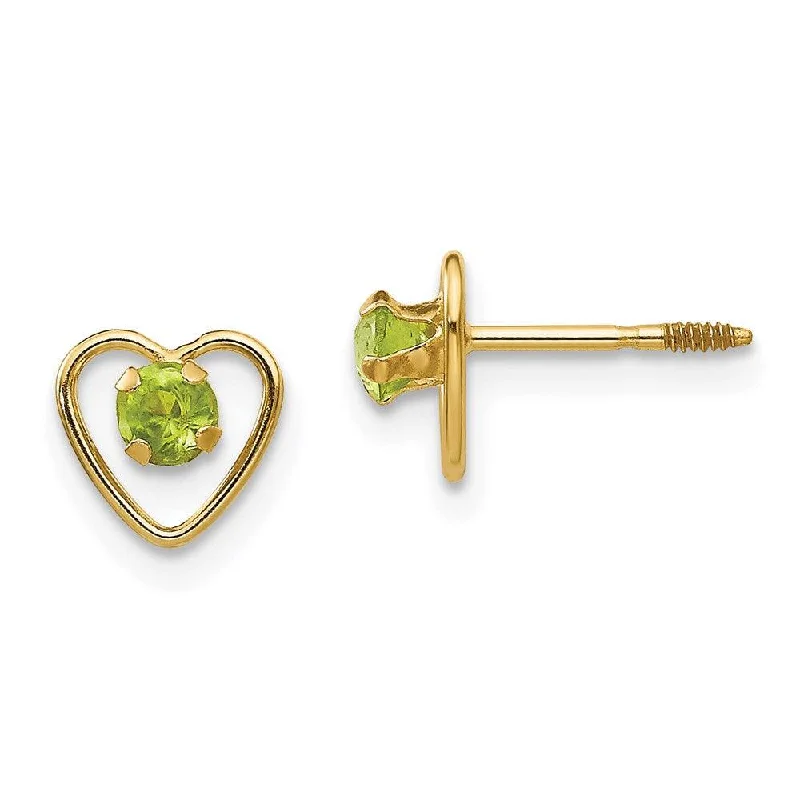 Women's fingerprint earrings-Madi K Kid's 14k  3mm Peridot Birthstone Heart Earrings